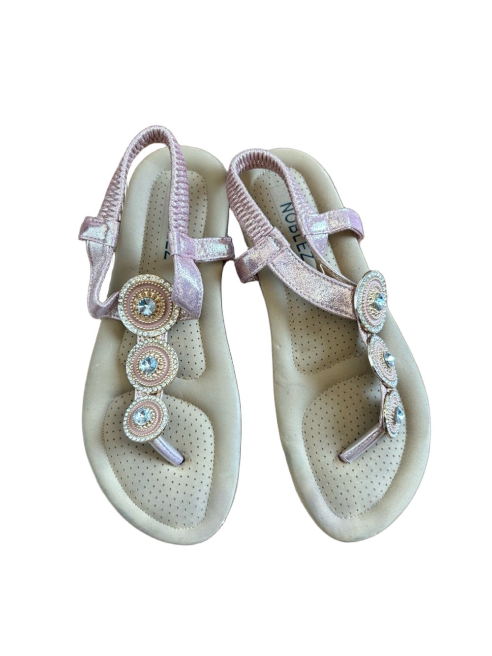 Women's Rose Gold Embellished T-Strap Sandals